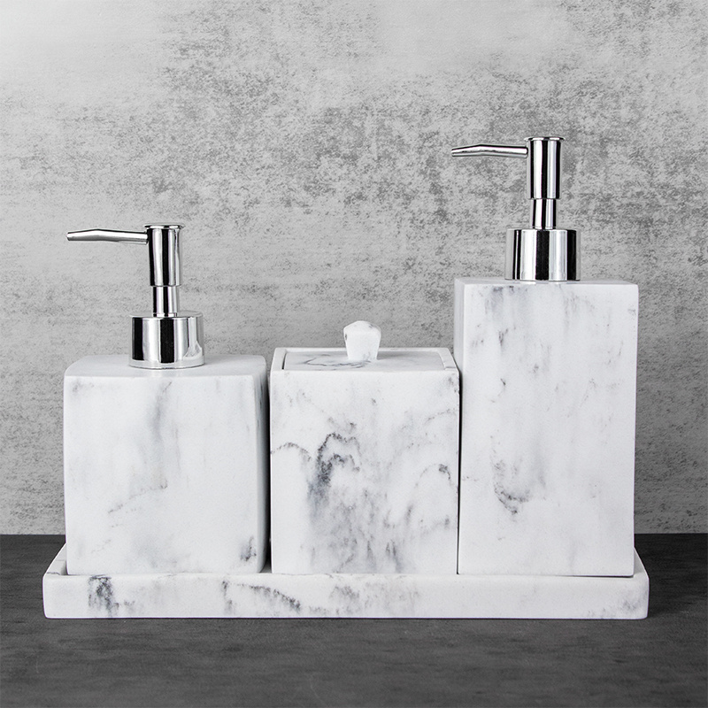 Custom modern polyresin marble luxury soap dispenser tray set for home hotel bathroom