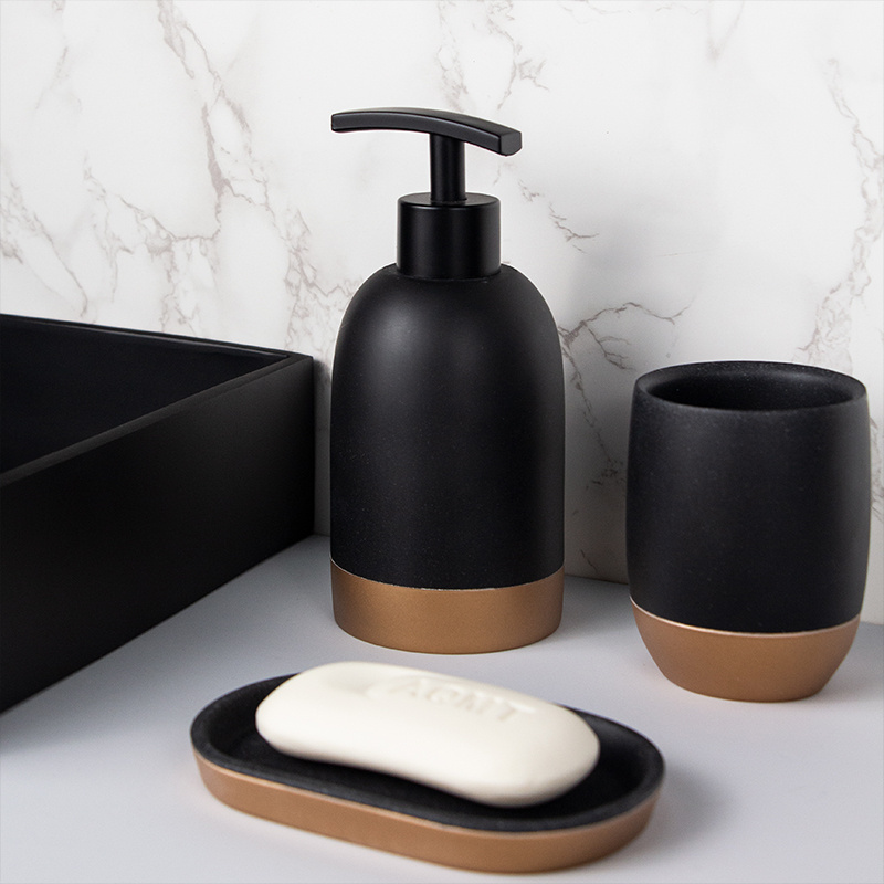 4 piece black soap dispense marble effect polyresin bathroom accessories set hotel home