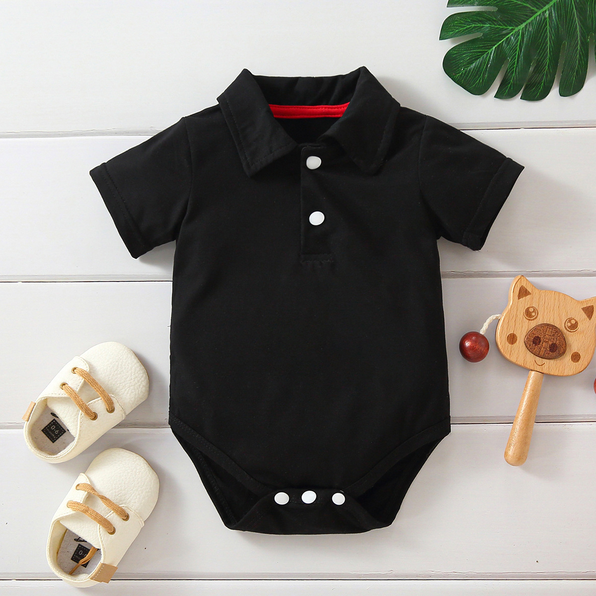 2022 new summer baby short sleeve lapel solid color polyester baby onesie cute baby onesie