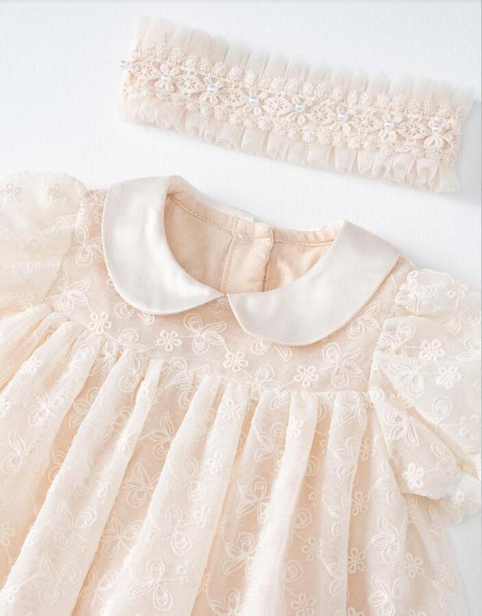 Infant Boutique Clothing Silk Doll Collar Short Sleeve Lace Dress  Princess Style Baby 1st Birthday Party Wedding dress