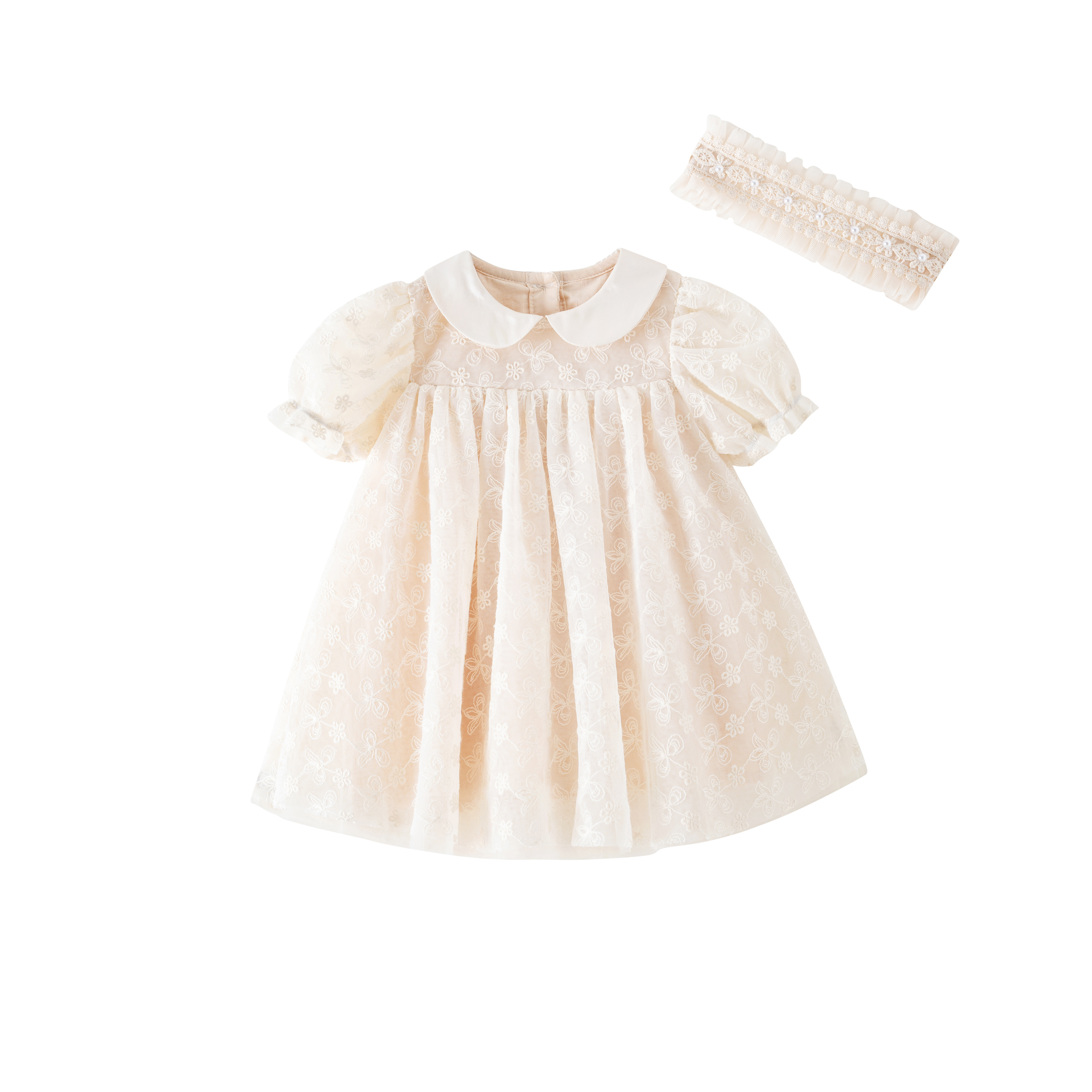 Infant Boutique Clothing Silk Doll Collar Short Sleeve Lace Dress  Princess Style Baby 1st Birthday Party Wedding dress