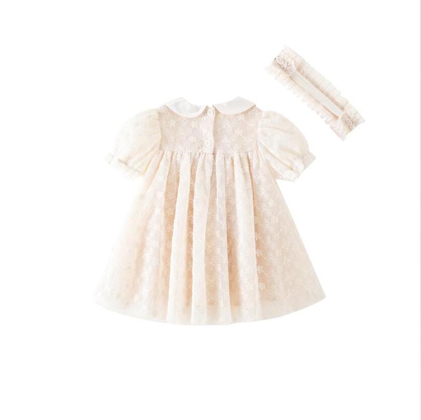 Infant Boutique Clothing Silk Doll Collar Short Sleeve Lace Dress  Princess Style Baby 1st Birthday Party Wedding dress