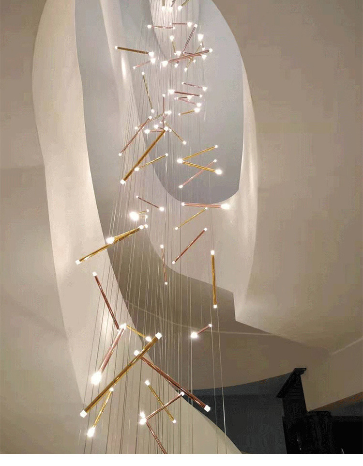 factory customized modern staircase chandelier long hanging led copper tube glass pendant light