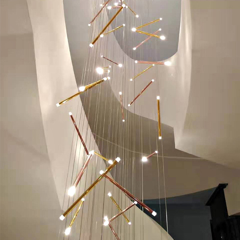 factory customized modern staircase chandelier long hanging led copper tube glass pendant light