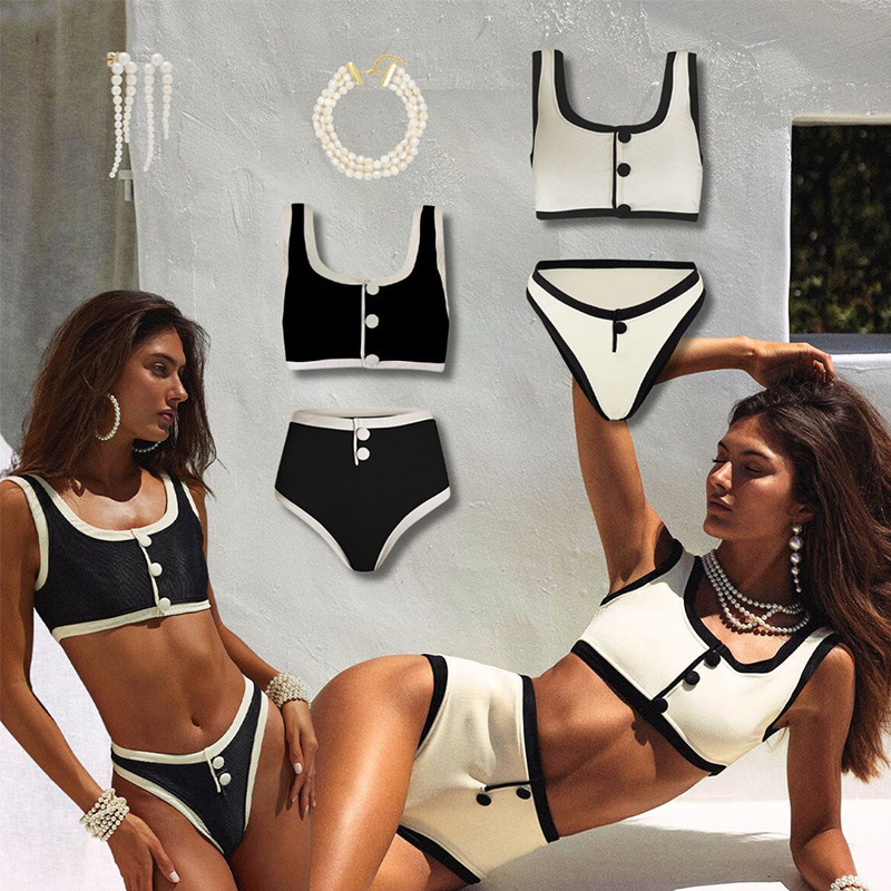 Luxury Button Designs Black White Split Swimsuit Two Piece Vest Shorts Swimwear Sexy Beachwear Bikini Set Female Bathing suit