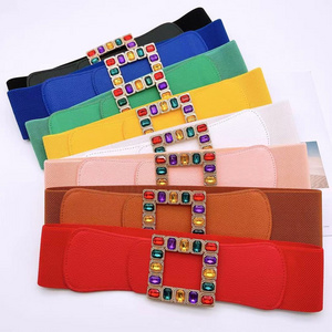 Color Gemstones Buckle Pu Leather Elastic Waist Belt Wide 7 cm Colorful Belt