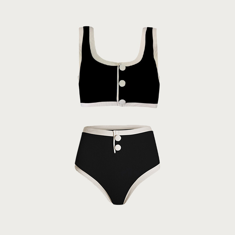 Luxury Button Designs Black White Split Swimsuit Two Piece Vest Shorts Swimwear Sexy Beachwear Bikini Set Female Bathing suit