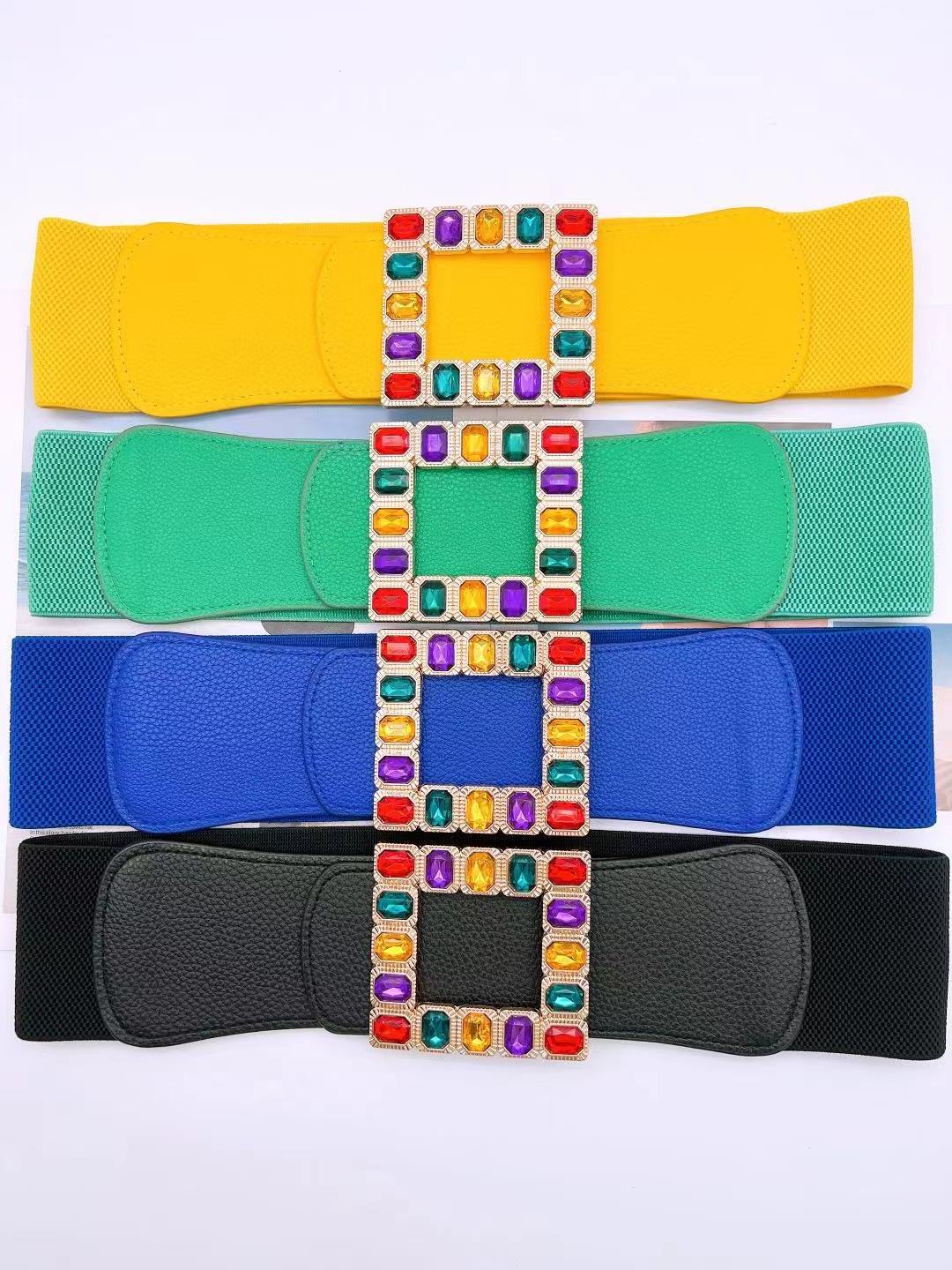 Color Gemstones Buckle Pu Leather Elastic Waist Belt Wide 7 cm Colorful Belt