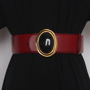 Luxury Black Big Gemstone Buckle Double Sided Wide Genuine Leather Belt Decorative Dress Belt Jeans Waist Belt For Women