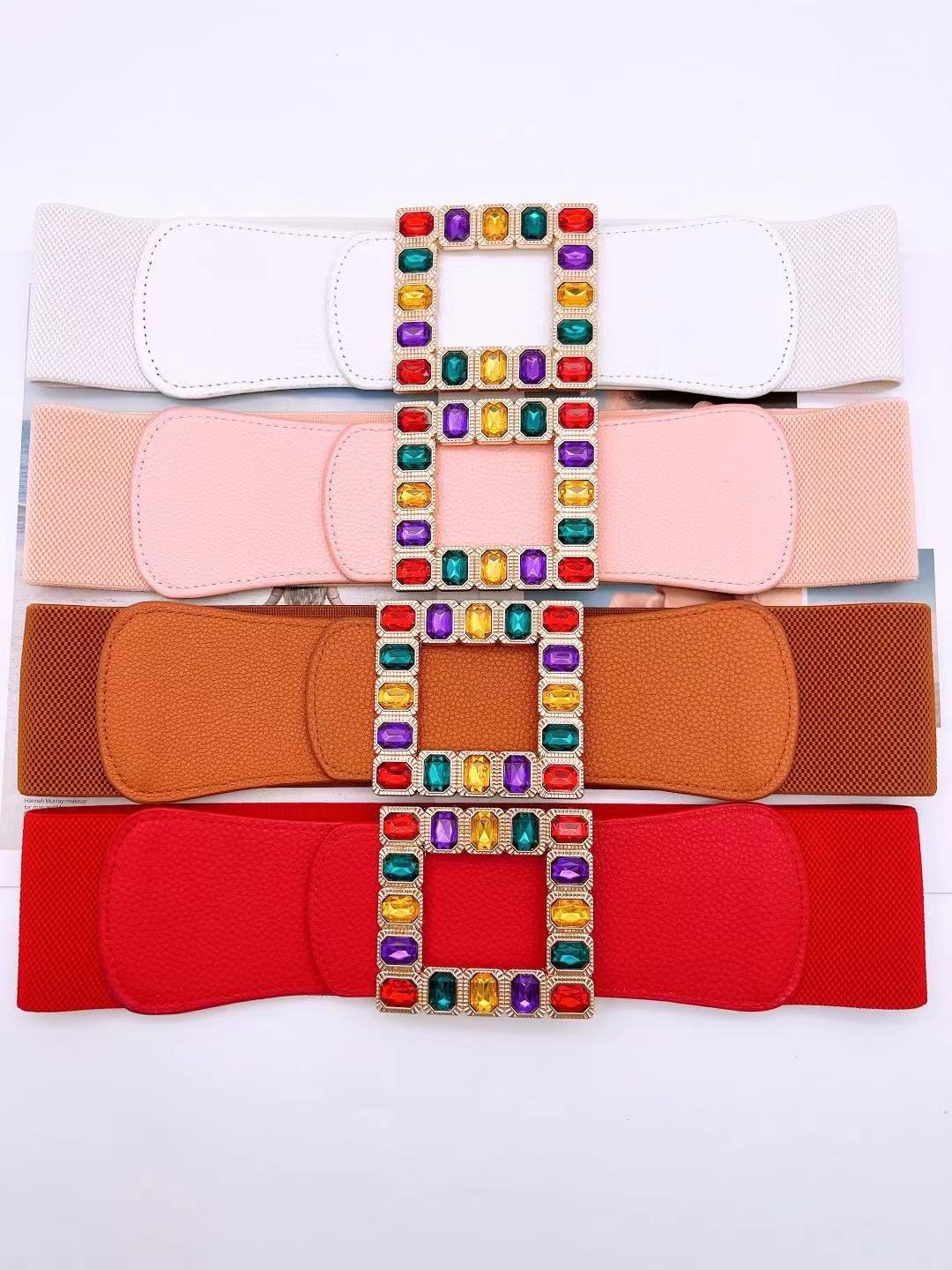 Color Gemstones Buckle Pu Leather Elastic Waist Belt Wide 7 cm Colorful Belt