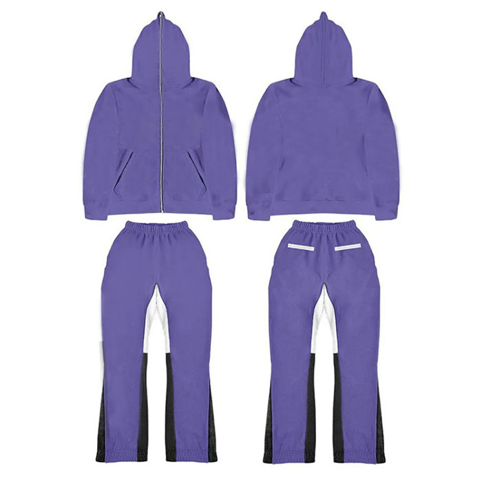 wholesale free samples custom men plain oversized blank full face zip up hoodie and flare pants 400gsm 100% cotton tracksuit set