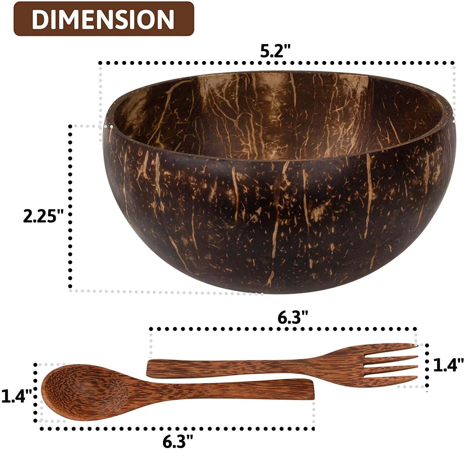 Custom logo amazon hot sale natural 2 pcs coconut shell bowls spoon and fork in 1 set with box for gift