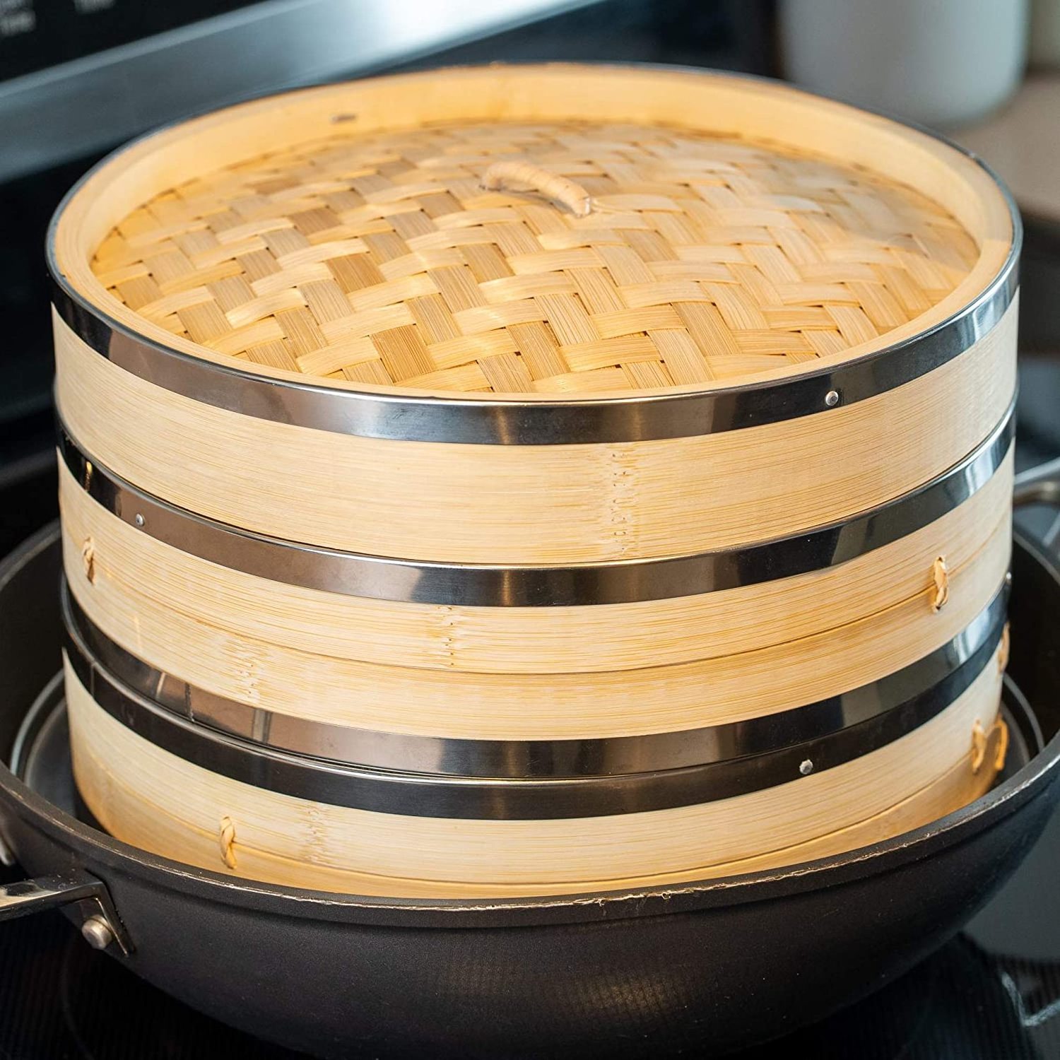 New Type Hot Selling Bamboo Steamer  with Stainless Steel Ring Dumpling Bamboo Steamer Basket