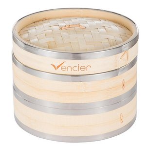 New Type Hot Selling Bamboo Steamer  with Stainless Steel Ring Dumpling Bamboo Steamer Basket