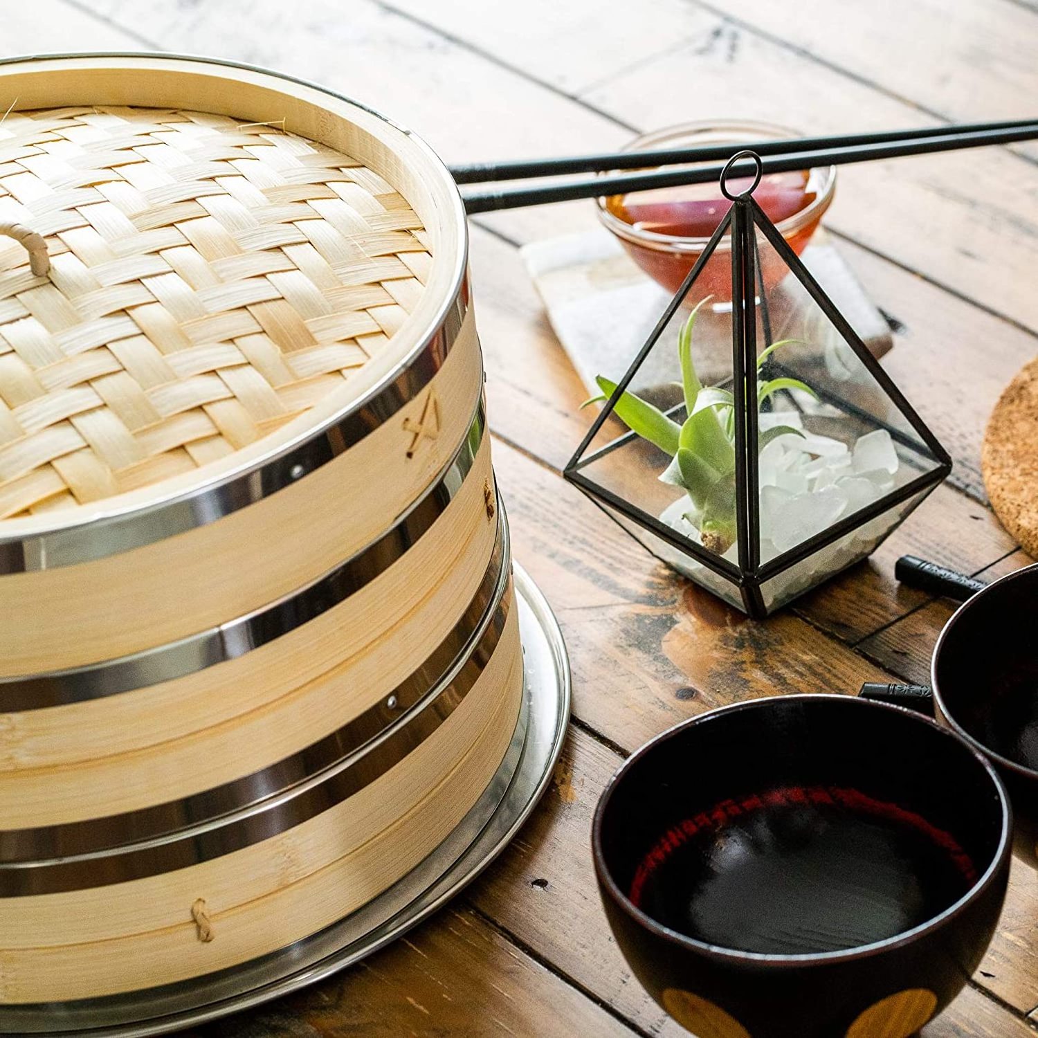 New Type Hot Selling Bamboo Steamer  with Stainless Steel Ring Dumpling Bamboo Steamer Basket