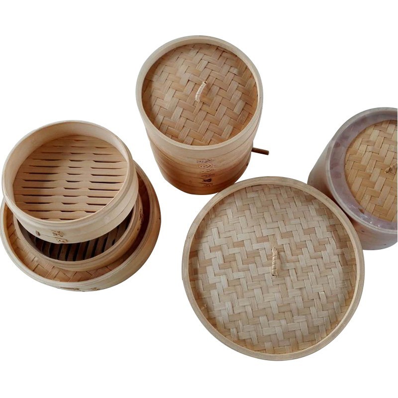 Kitchen Premium 10 Inch Handmade Bamboo Steamer Basket- 2 Tier Baskets- Lid. Dumpling Maker with Spoon