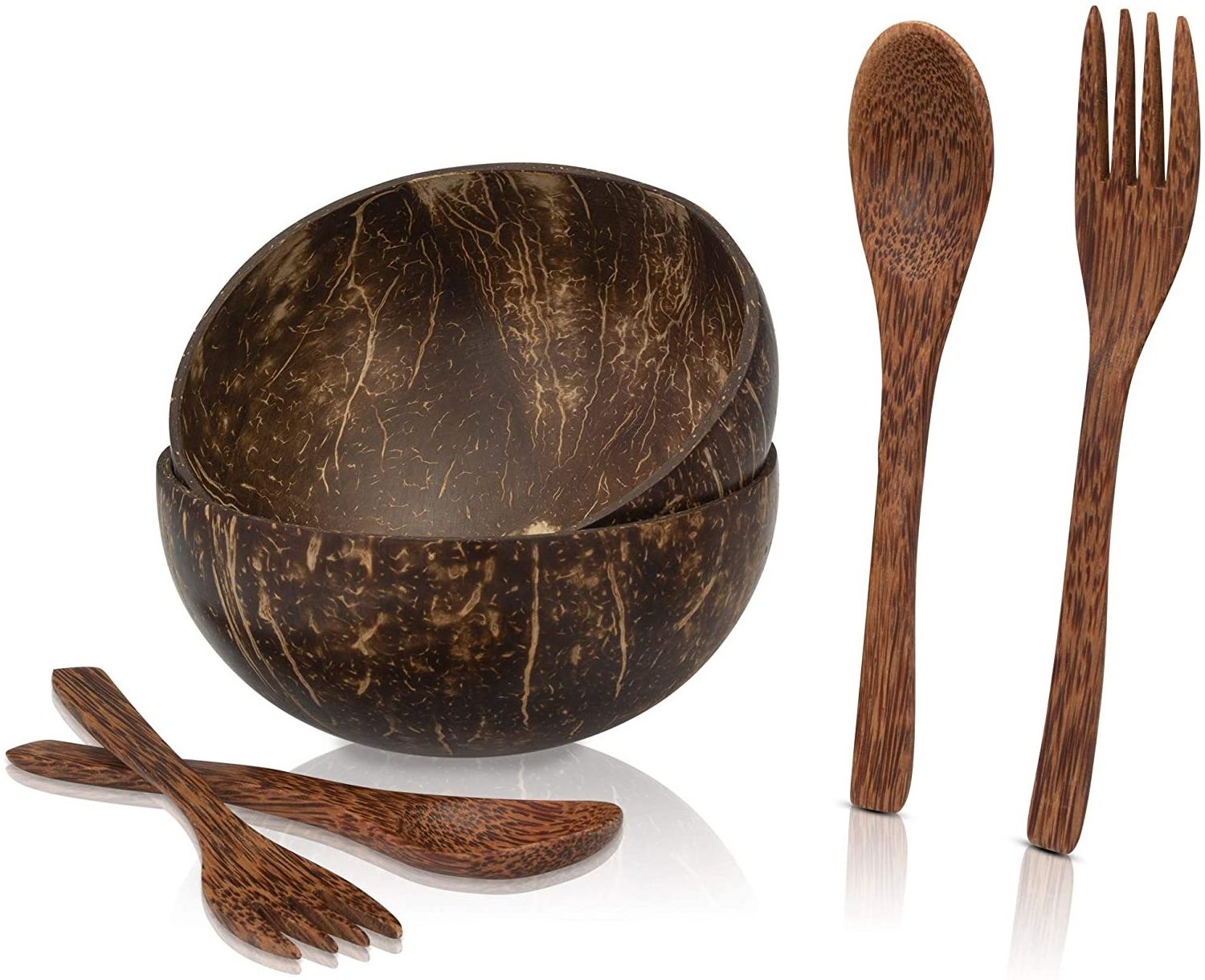 Custom logo amazon hot sale natural 2 pcs coconut shell bowls spoon and fork in 1 set with box for gift