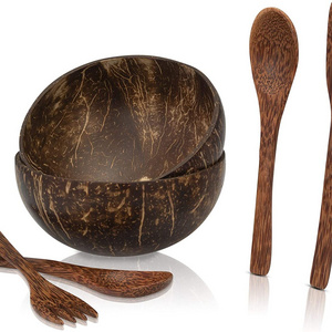 Custom logo amazon hot sale natural 2 pcs coconut shell bowls spoon and fork in 1 set with box for gift