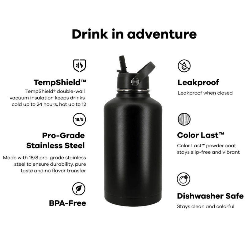 Custom logo 32oz double wall stainless steel vacuum flask 64oz sports drinking insulated water bottle with straw and handle