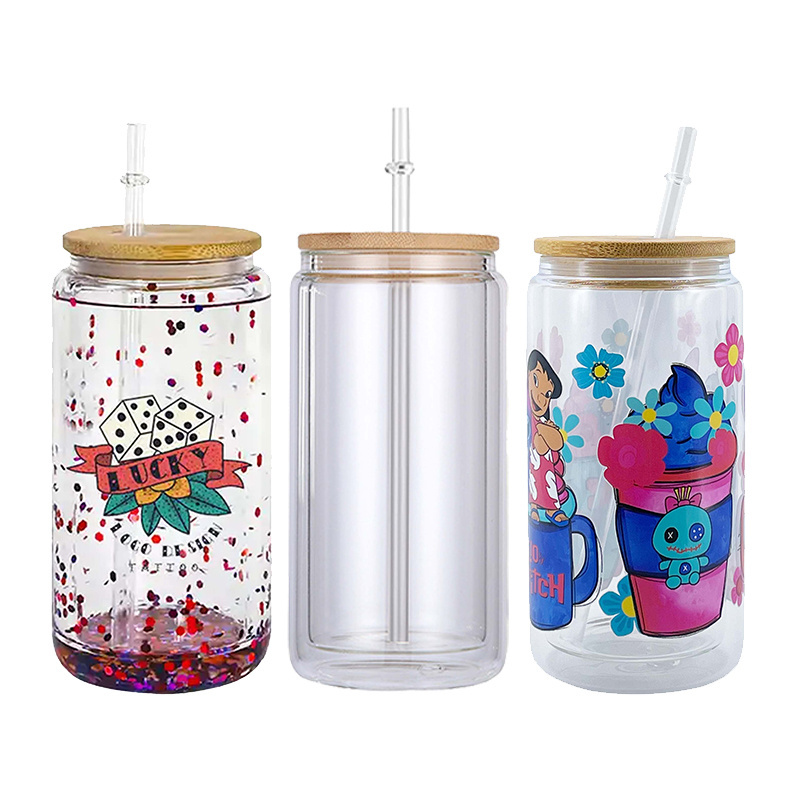 USA Warehouse Double Wall Glass Tumbler Sublimation Blanks 16oz Snow Globe Glass Cups with Lids and Straws Pre-drilled