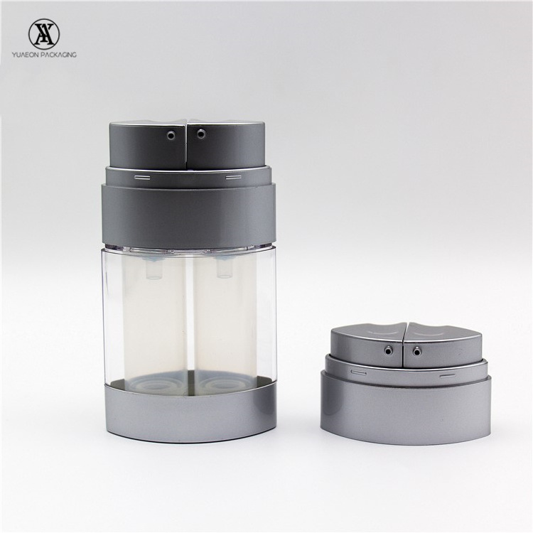 Empty luxury 15mlx2 30mlx2 acrylic cosmetic dual double chamber twin neck dispensing airless chamber bottles spray and lotion