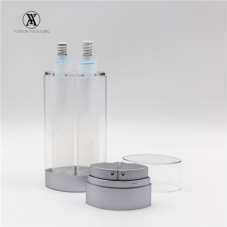 Empty luxury 15mlx2 30mlx2 dual opening acrylic cosmetic obm odm dual-tube 2 airless dual chamber spray bottle with double pump