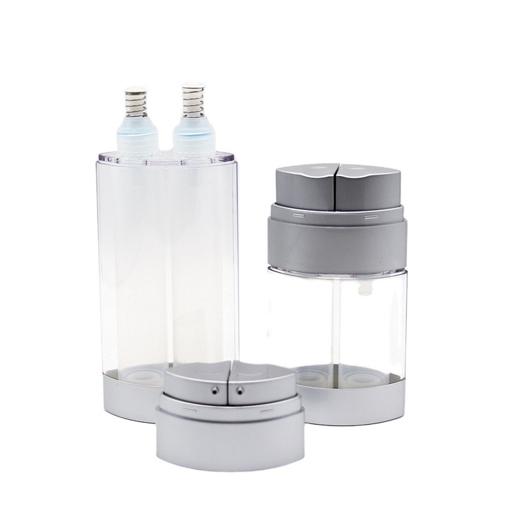 Empty luxury 15mlx2 30mlx2 acrylic cosmetic dual double chamber twin neck dispensing airless chamber bottles spray and lotion