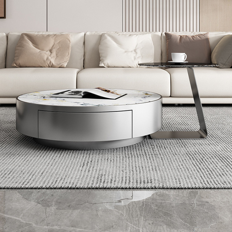 YuanChang high end marble round round coffee table stone black stainless steel coffee table with storage