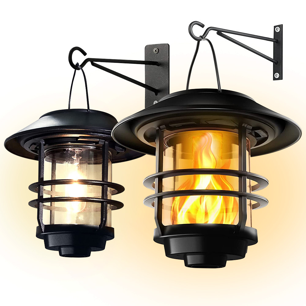 Outdoor Waterproof Solar Wall Mounted Lamp 2 Pack Glass Solar Hanging Lantern Light Flame Lamp