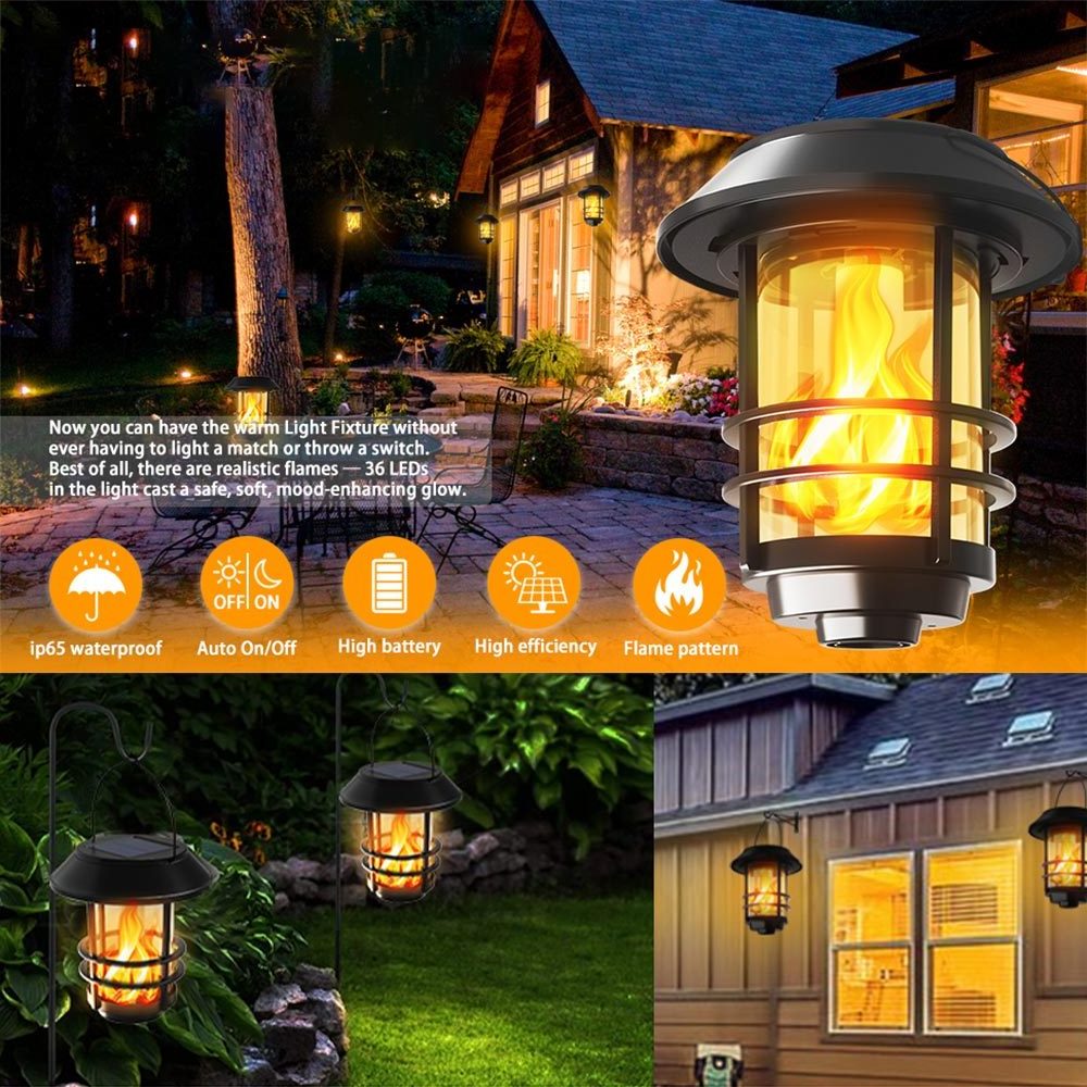 Outdoor Waterproof Solar Wall Mounted Lamp 2 Pack Glass Solar Hanging Lantern Light Flame Lamp