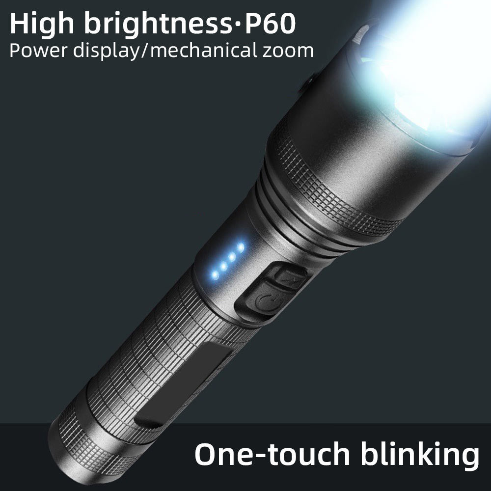 New P60 Strong Light Flashlight Power Display 30W USB Rechargeable Aluminum Alloy Zoom Flashlight