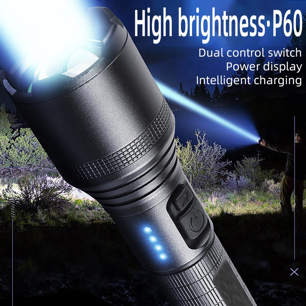 New P60 Strong Light Flashlight Power Display 30W USB Rechargeable Aluminum Alloy Zoom Flashlight