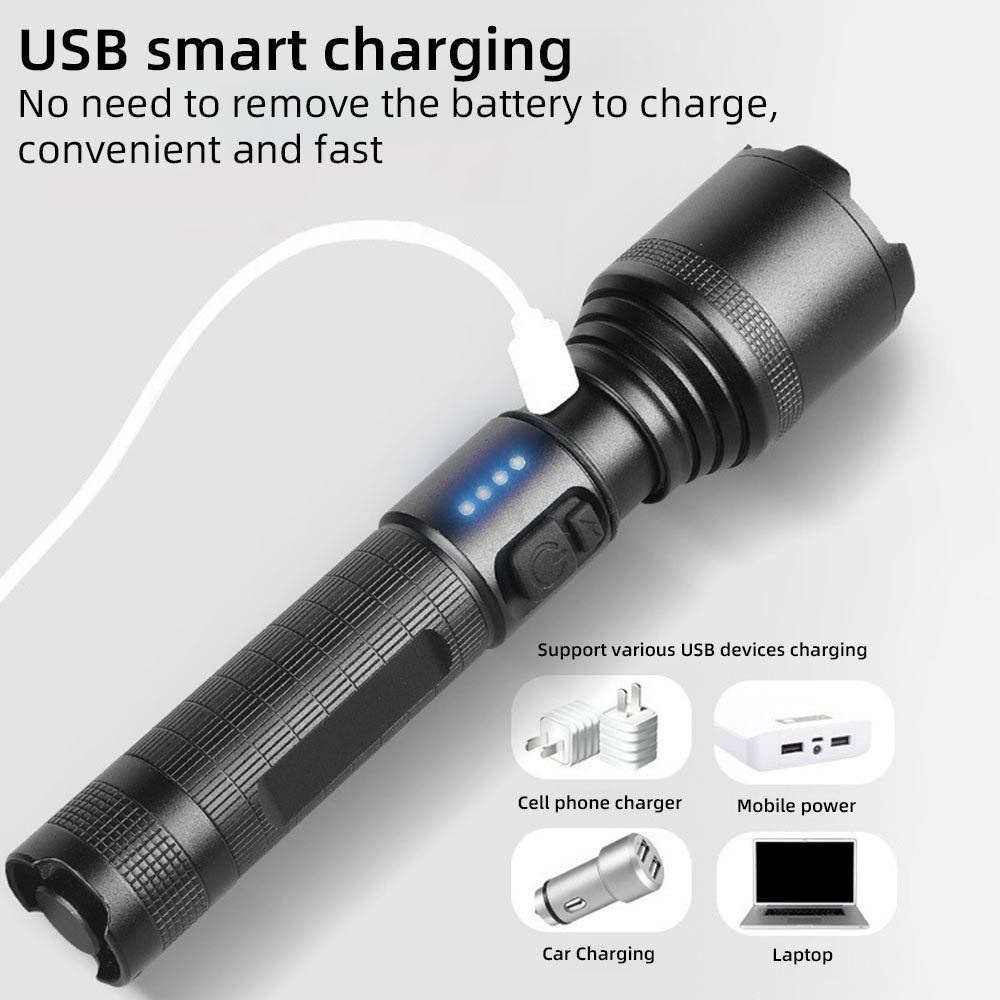 New P60 Strong Light Flashlight Power Display 30W USB Rechargeable Aluminum Alloy Zoom Flashlight