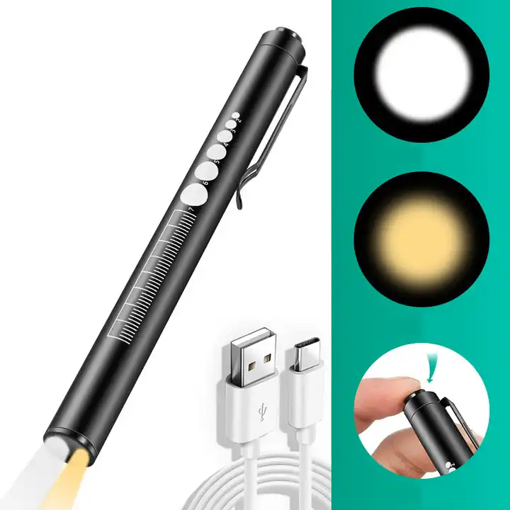 LED Stainless Steel Rechargeable Flashlight With Yellow And White Light Portable Torch Light For Doctors And Nurses