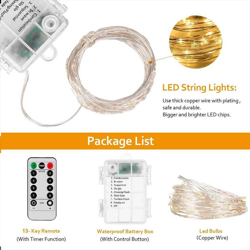 5M 10M Waterproof Copper Wire LED String Lights, Battery Operated 8 Mode Fairy Lights with Remote Control