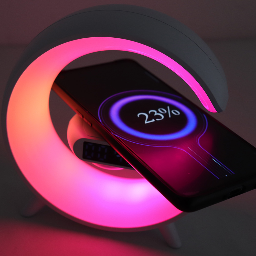 Wireless Charging Lamps with Speaker Alarm Clock Mini G Shape Smart Desk Lamp