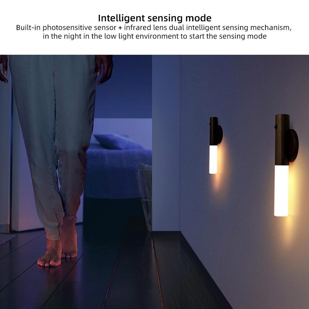 Rechargeable Wood Wireless Motion Sensor LED Night Light Magnetic Intelligent Human Body Induction Lamp