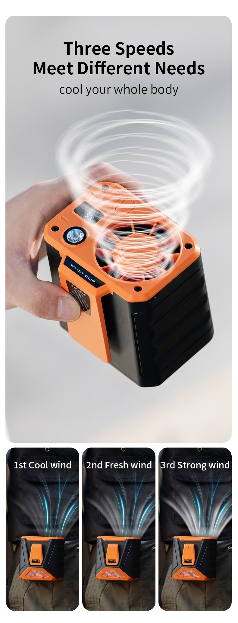 Hot Selling Outdoor 9000mAh Portable Waist Fan High Speed 11500RPM Handheld Bladeless Fan Emergency Power Clip On Fan