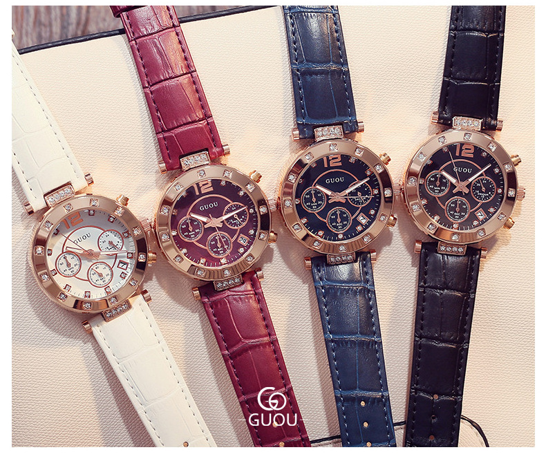 GUOU fashion ins style girls quartz abrasive leather strap watch full diamond girls watch wholesale