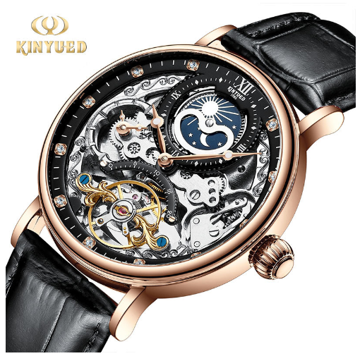 KINYUED Skeleton Watches Mechanical Automatic Watch Men Sport Clock Casual Business Moon Wrist Watch J055