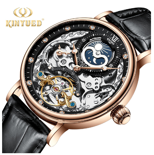 KINYUED Skeleton Watches Mechanical Automatic Watch Men Sport Clock Casual Business Moon Wrist Watch J055