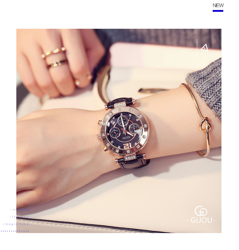 GUOU fashion ins style girls quartz abrasive leather strap watch full diamond girls watch wholesale