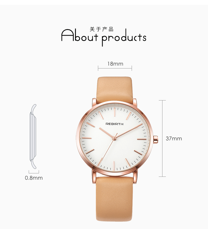 REBIRTH luxury grey ladies quartz watch costume Genuine Leather band waterproofing small Simple student watch factory