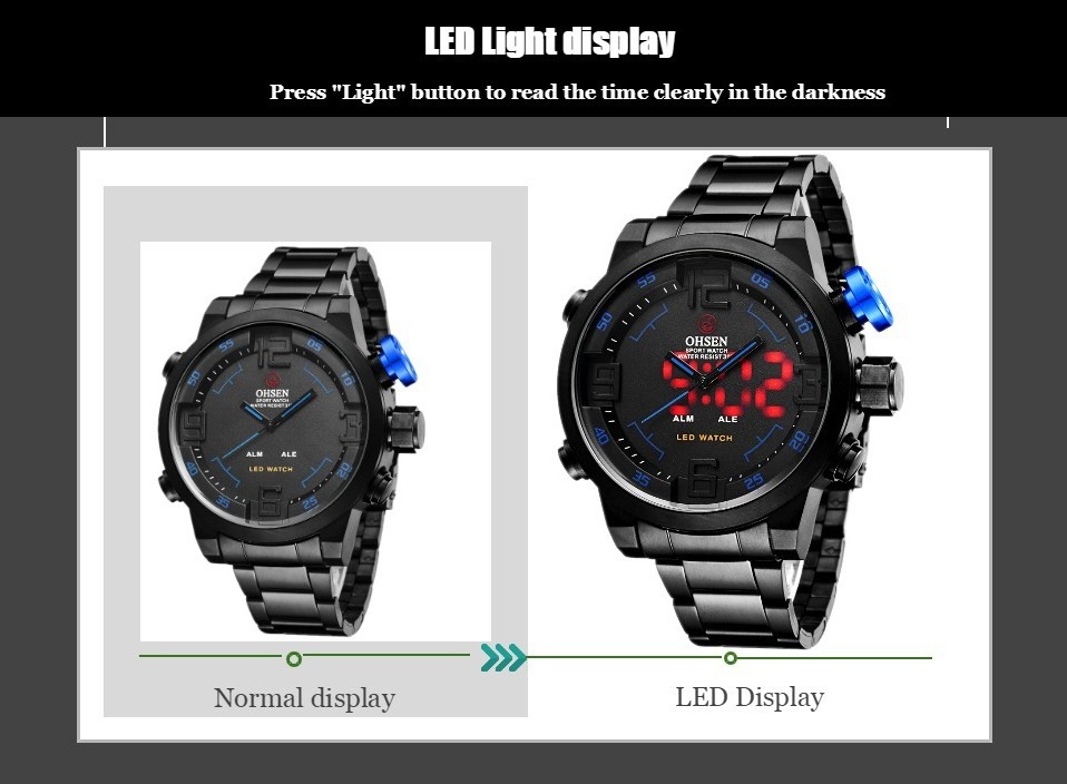 OHSEN Dual Movement Fashion Watch Outdoor Sports LED luminous dual display multi-function waterproof watch for men