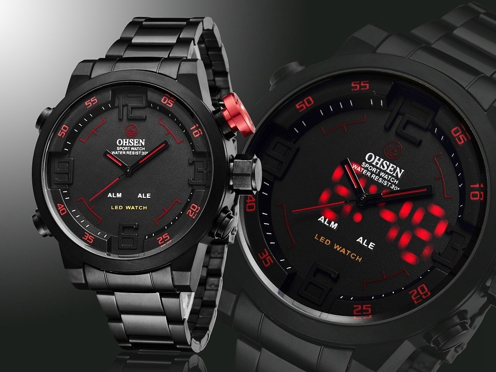 OHSEN Dual Movement Fashion Watch Outdoor Sports LED luminous dual display multi-function waterproof watch for men