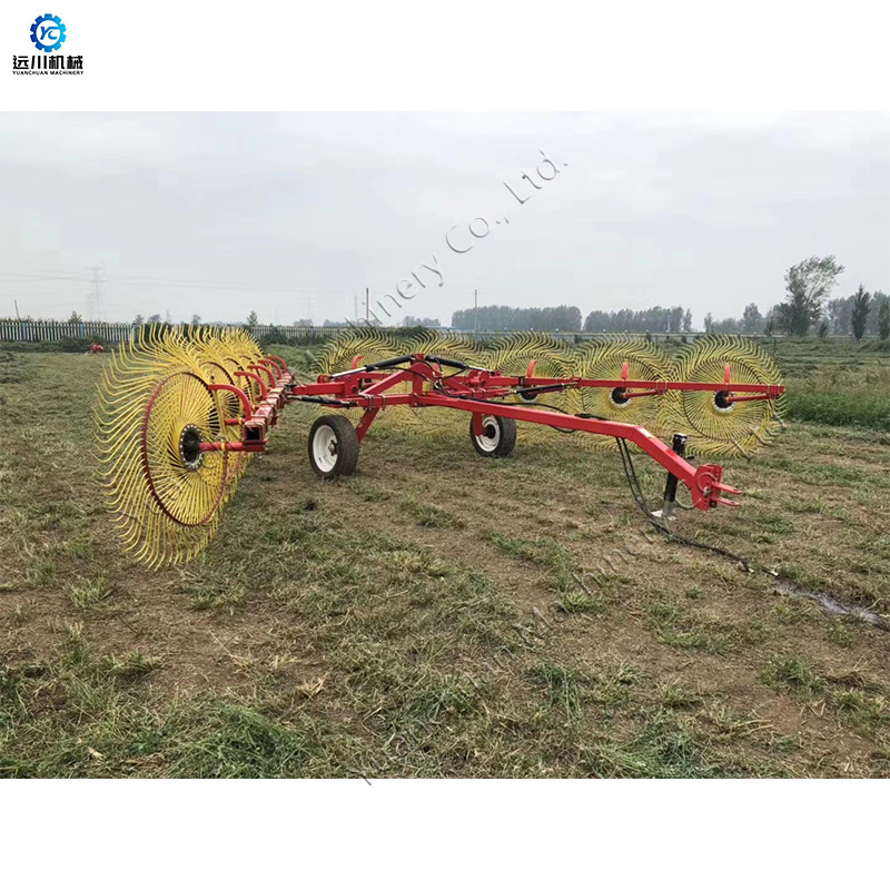 8 Wheeled Hydraulic Trailer Wheeled Hay Rake Finger Disc Grass Grabber Farm Efficient Thumbwheel Hay Rake