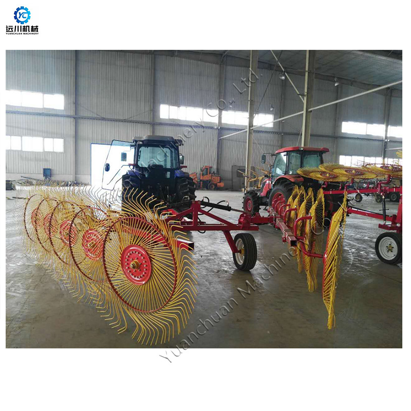 8 Wheeled Hydraulic Trailer Wheeled Hay Rake Finger Disc Grass Grabber Farm Efficient Thumbwheel Hay Rake