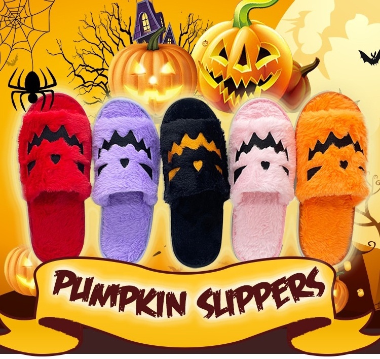 Halloween Pumpkin Slippers Fuzzy Demon Slippers Soft Plush Bat Slippers M-380