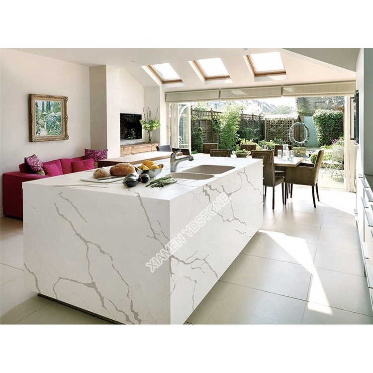 Artificial calcatta prefab kitchen white quartz countertop with grey veins