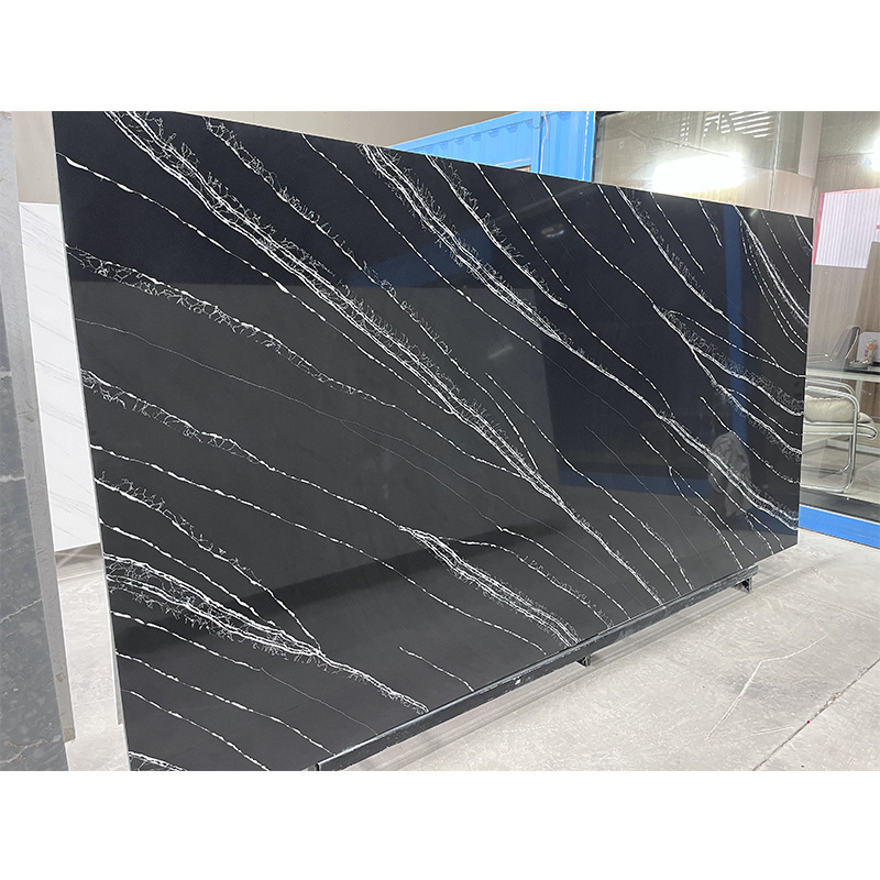 YDSTONE Poetic Black Quartz Restaurant Bar Kitchen Countertop White Vein Black Quartz Stone Slab